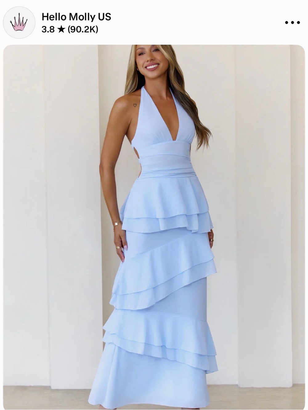 Hello Molly Powder Blue Halter Tiered Ruffle Maxi Dress
